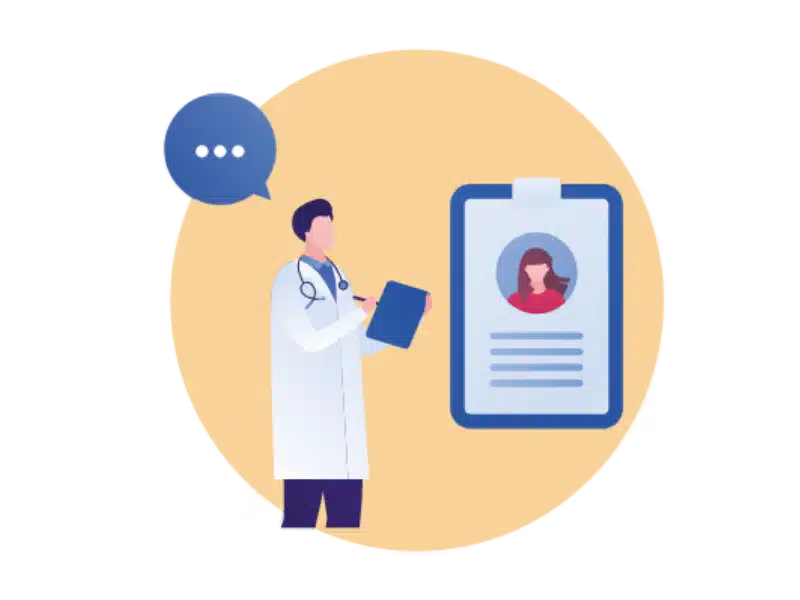Illustration of doctor in white coat with clipboard