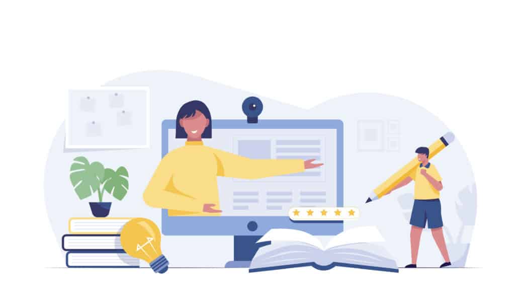 online education or e-learning, home school, teacher teaching students on computer. vector illustration