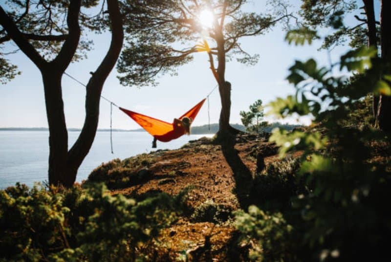Person in hammock supported by two trees near sea